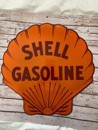Vintage Shell Gasoline 18” Porcelain Sign Gas Oil Metal Station Pump Plate Clam