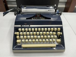 Vintage 1970s Adler J5 In Navy Blue West Germany Portable Typewriter With Case
