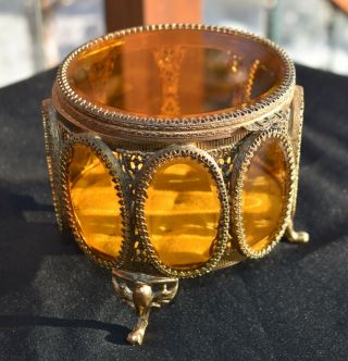 Vtg Antique French Ormolu Filigree Jewelry Casket Box Gold Amber Beveled Glass