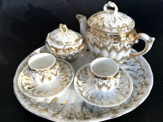 9 Pc Set Antique Emboss Gold Coffee Tea Pot 10 " Tray Cups Saucer Sugar Miniature