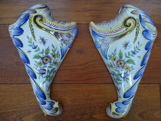 Vintage Two Cornucopia Wall Pocket Vase French Faience Desvres Rouen 1900
