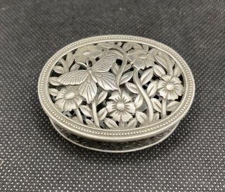 Vintage Unique Ornate Pewter Trinket Box Butterfly And Flowers