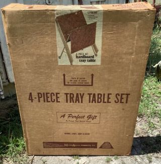 Vtg Nos Mid Century Set 4 Faux Wood Metal Tv Snack Tray Tables Stand