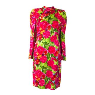 Carolina Herrera Vintage Silk Pink Floral Long Sleeve Dress Size 8
