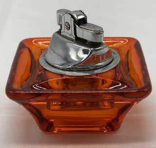 Vintage Orange Amber Glass Table Lighter Marked Japan Art Deco Viking? Square