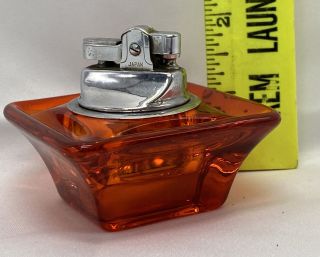 Vintage Orange Amber Glass Table Lighter Marked Japan Art Deco Viking? Square 2
