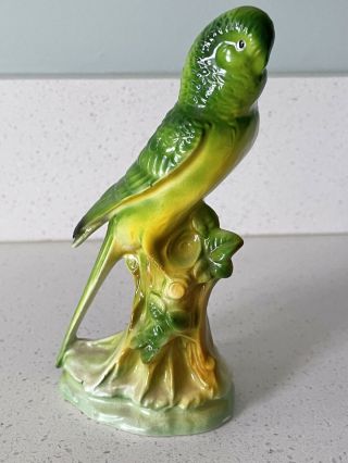 Vintage Bright Green Bird Parakeet Budgie Figurine On Branch Ceramic Japan