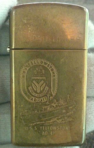 Vintage 1989 Brass Zippo Lighter Uss Yellowstone Ad - 41 Slim