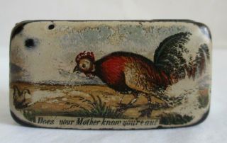 Unusual 19thc Papier Mache Snuff Box Chickens " Does Your Mother Know You 