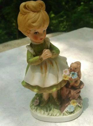 Vintage Napcoware C - 8805 Bisque Porcelain Girl With Squirrel Figurine