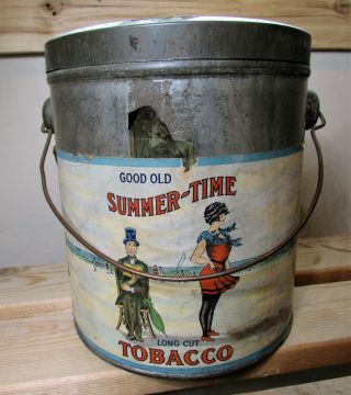 Vintage Good Old Summer - Time Long Cut Tobacco Tin Lunch Pail Lid Tax Stamp 3