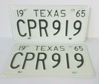 Vintage Pair Texas License Plates/tags Passenger Auto 1965 Cpr 919 Fine