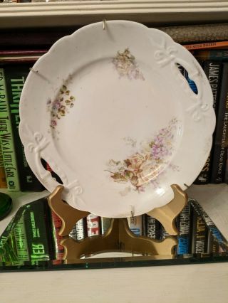 Pretty Antique Floral Porcelain Pierced Handle Cake Plate 9 1/2 " W/hanger