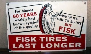 Vintage Fisk Tires Porcelain Enamel Steel Sign Veribrite Signs Chicago 1958
