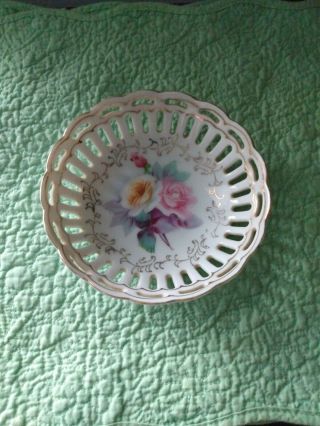 Vintage Japan Porcelain Hand - Painted Round Reticulated Rose Trinket Dish