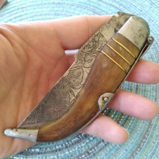 Vintage Antique Spanish Navaja Horn Ratchet Lock Clasp Folding Pocket Knife