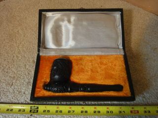 Vintage Hand Carved Black Wooden Pipe With Choke And Custom Case.  Unknown Mfg.