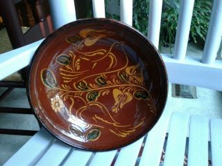 Vintage Ned Foltz Redware Pottery Birds And Tulips Deep Dish,  Signed,  1998