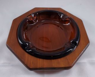 Vintage Mid Century Amber Glass Insert Ashtray On Wood Base Cigar Cigarette Mcm