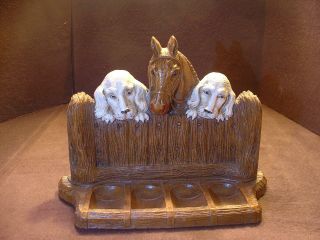 Wonderful Vintage Syroco Wood 4 Pipe Holder Stand Dogs & Horse