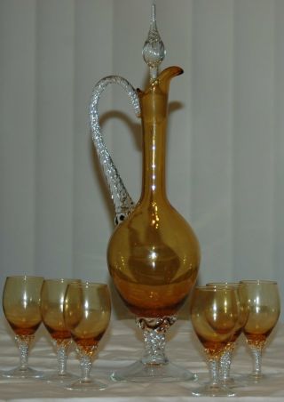 Vintage Murano Art Glass Yellow Amber Decanter & 6 Matching Glasses Italian