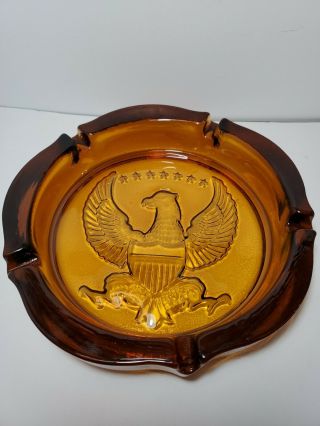 Vintage Mcm Federal Dark Amber Glass Ashtray With Eagle Large 10 " Heavy Rare
