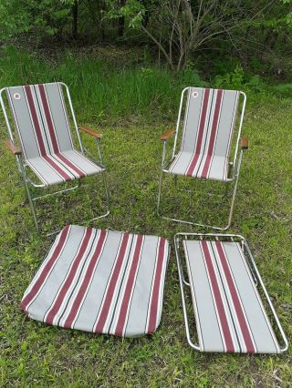 2 Vintage Zip Dee Gray Red Striped Folding Rv Camping Lawn Chairs With Carry Bag