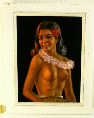 Vintage Hawaiian Lady Painting On Velvet Signed Fermin V Sanchez