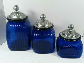 Vintage Cobalt Blue Glass Apothecary Jar Cracker Cookie Canister Pewter Lid Set