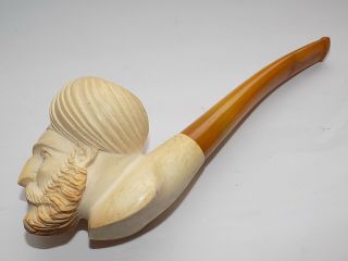 Hand Carved Meerschaum Figural Smoking Pipe With Amber Mouthpiece