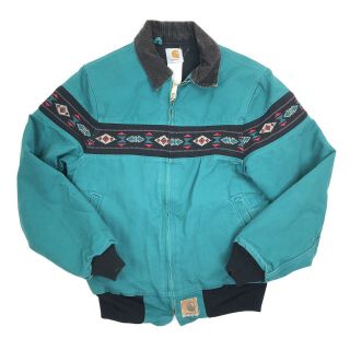 Vtg Carhartt M Navajo Aztec Pattern Jacket Coat Quilt Lined J77aqu Blue/green