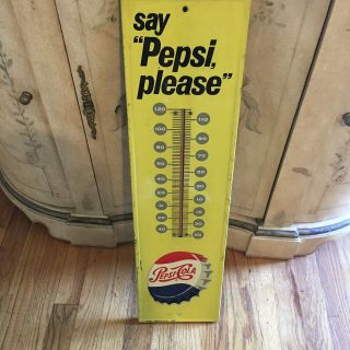 Vintage Say “ Pepsi Please “ Bottle Yellow Gas Station Thermometer Sign