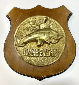 Vintage Uss Bonefish Us - 582 Submarine Brass Plaque Mounted Wood Shield W/ Stand