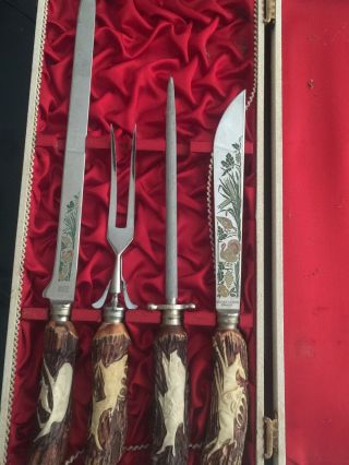 Vintage German Stainless Meat Carving Set With Antler Handles And Storage Case