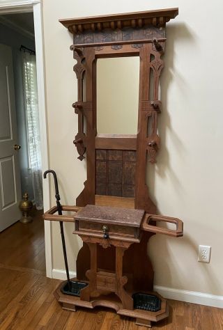 Antique Wooden Hall Tree W/ Mirror,  Marble Top & Wrought Iron Drip Plates