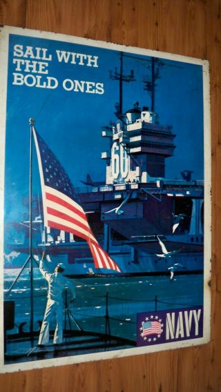 Vintage 1966 Navy Recruiting Metal Double Sided Sign Uss Saratoga