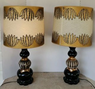 2 Vintage Mid Century Modern Table Lamp Black & Gold Fiberglass Shades