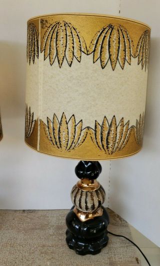 2 Vintage Mid Century Modern Table Lamp Black & Gold Fiberglass Shades 2