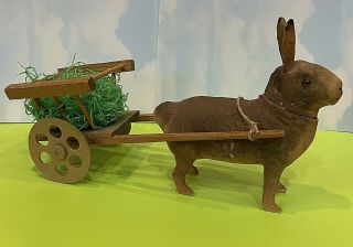 Antique Easter Bunny Rabbit Paper Papier Mache Candy Container Wagon German Aafa