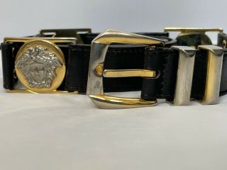 Gianni Versace Vintage 90s Gold Buckle Leather Belt Black Italy Fits 29/35 Waist