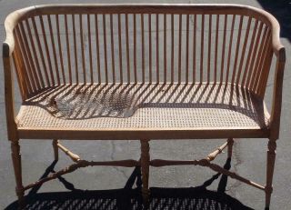 Vintage Solid Wood Bench - Cane Seat - Needs Tlc - Indoor/outdoor Use - Natural