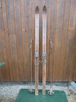 Vintage Patina Skis 78 " Long With Metal Bindings And Old Bamboo Poles