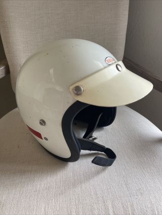 Vintage 1975 Bell Magnum Motorcycle Helmet Mens 7 1/4 White W/ Visor