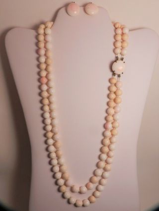 Antique Pink Angel Skin Queen Conch Shell Bead Necklace & Earrings,  Dble,  25 " Long