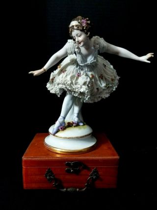 Antique Germany Dresden Volkstedt Large 10.  5 " Porcelain Lace Ballerina Figurine