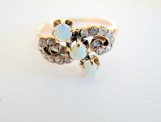 14k Yellow Gold Estate Ring W/ 3 Natural Opals & Tiny Diamonds Art Deco Vintage