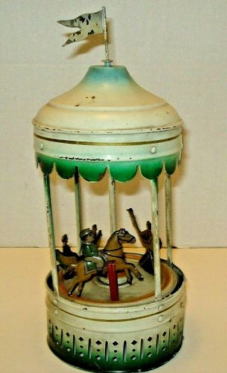 Vtg Tin Litho Carousel Merry Go Round Mechanical Musical Germany Wind Up
