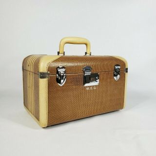 Vintage Wilt Train Case Tweed Striped Luggage Suitcase Leather Trim Combo Lock