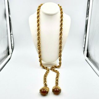 Pauline Rader Lariat Necklace 44 " Amber Glass Pendants Gold Rope Chain Vintage