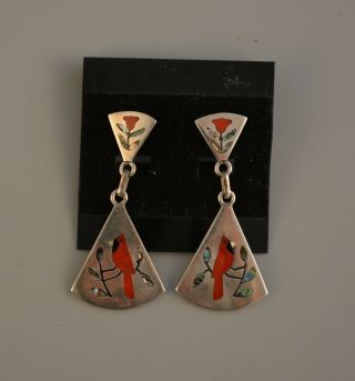 Vtg Zuni Indian Silver Inlay Dangle Earrings - Red Birds Flowers - S C Edaakie